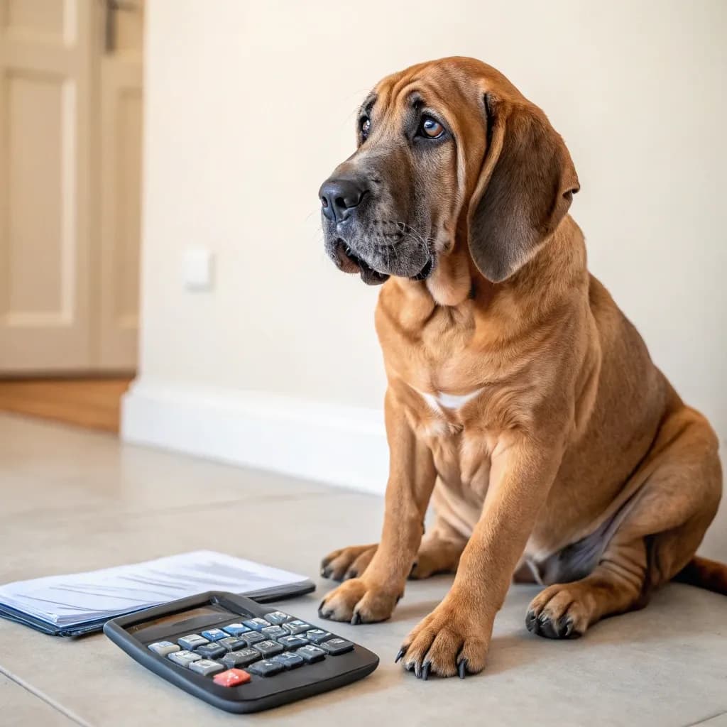 A photo of a Fila Brasileiro (Fila Mastiff) sitting inside on the floor with a calculator