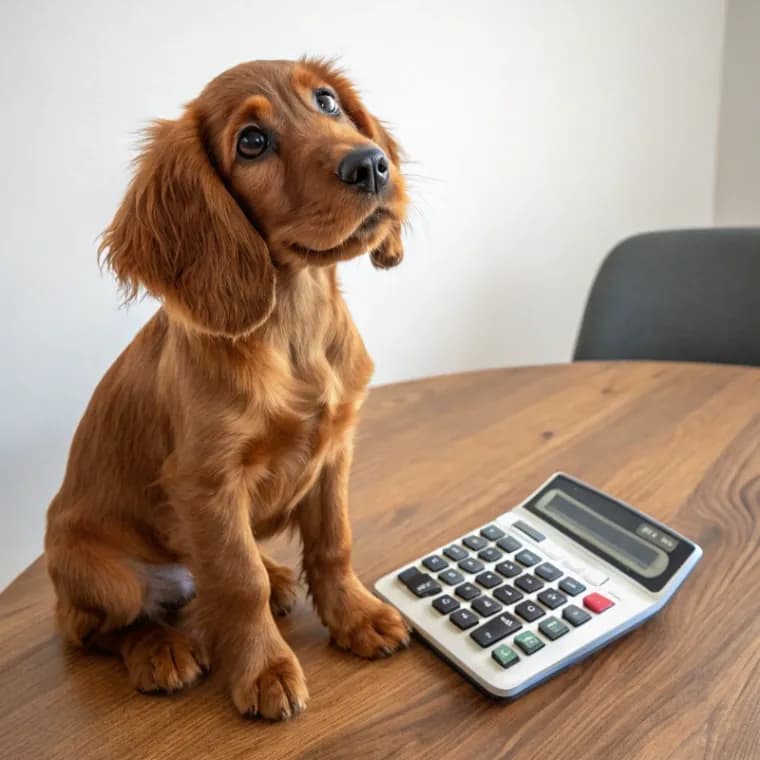 Irish Setter sitting with a calculator