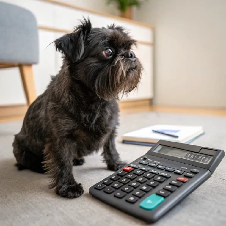 A black Affenpinscher dog sitting on the ground with a calculator