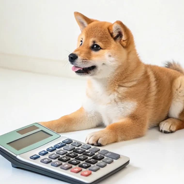 Shiba Inu sitting with a calculator