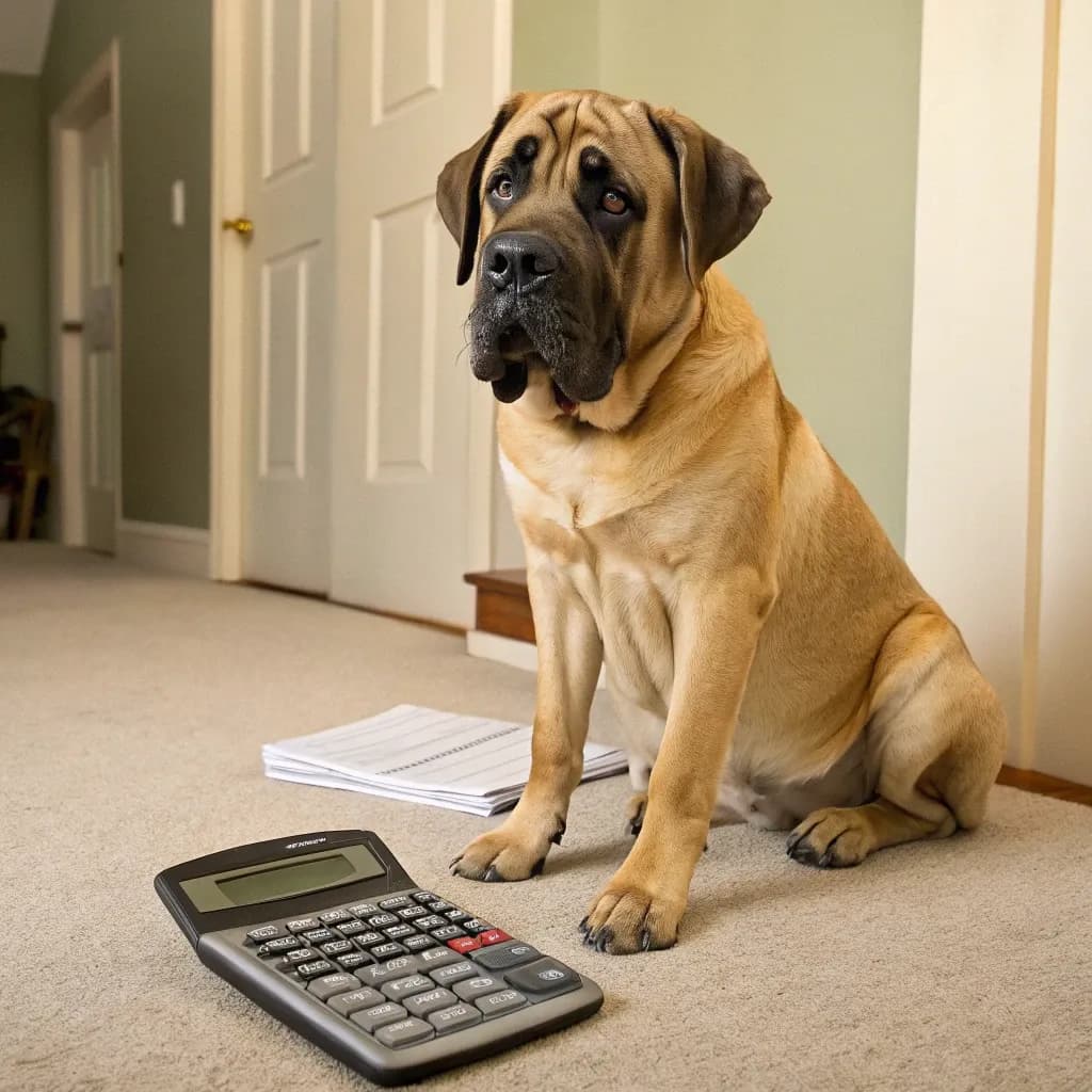 English Mastiff (Mastiff) sitting with a calculator