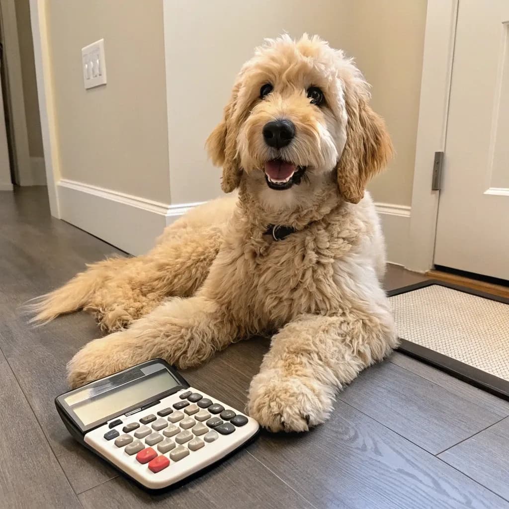 A Golden Mountain Dog sitting inside on the hardwood floor next to a calculator