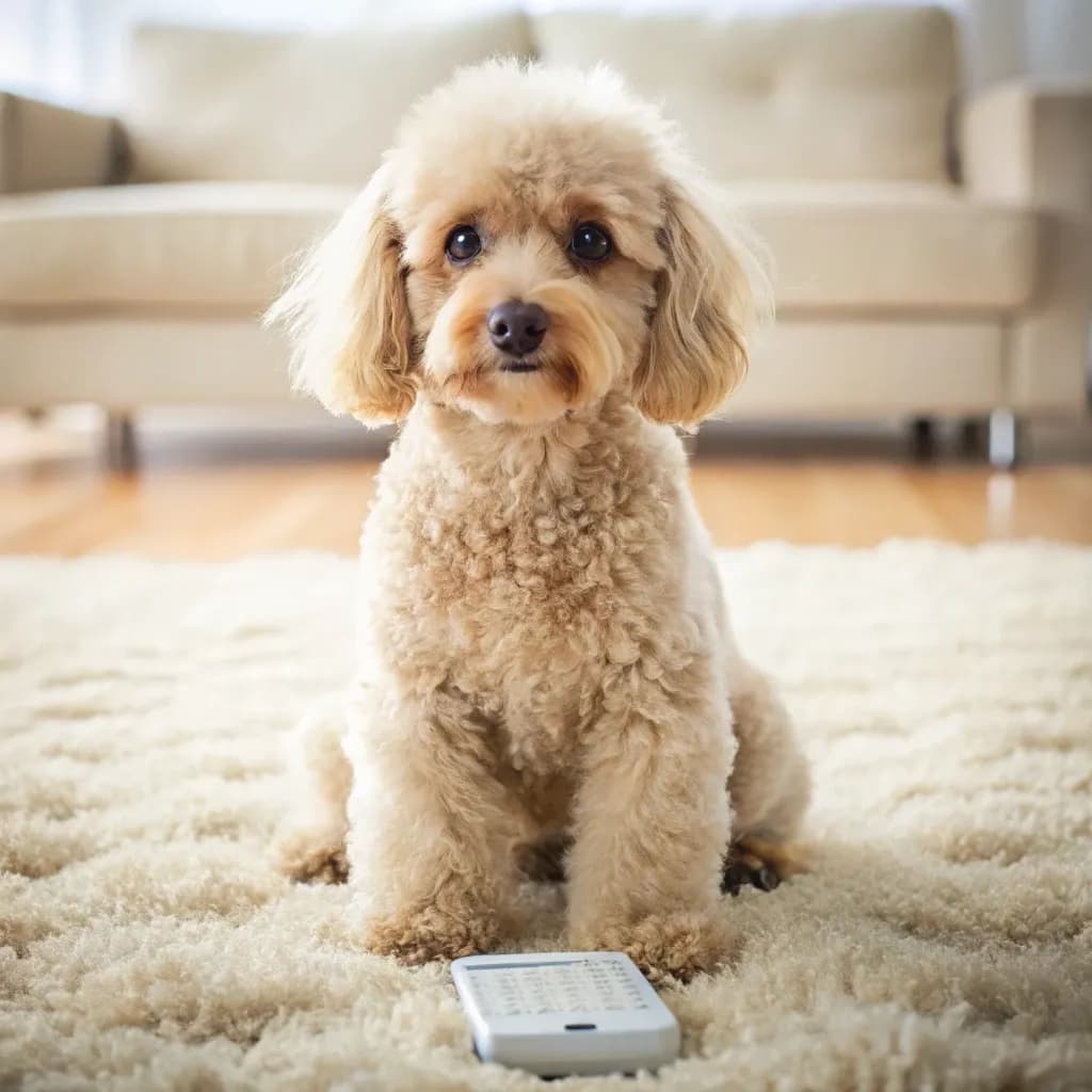 A cream coloured Miniature Poodle sitting on a carpet with a calculator