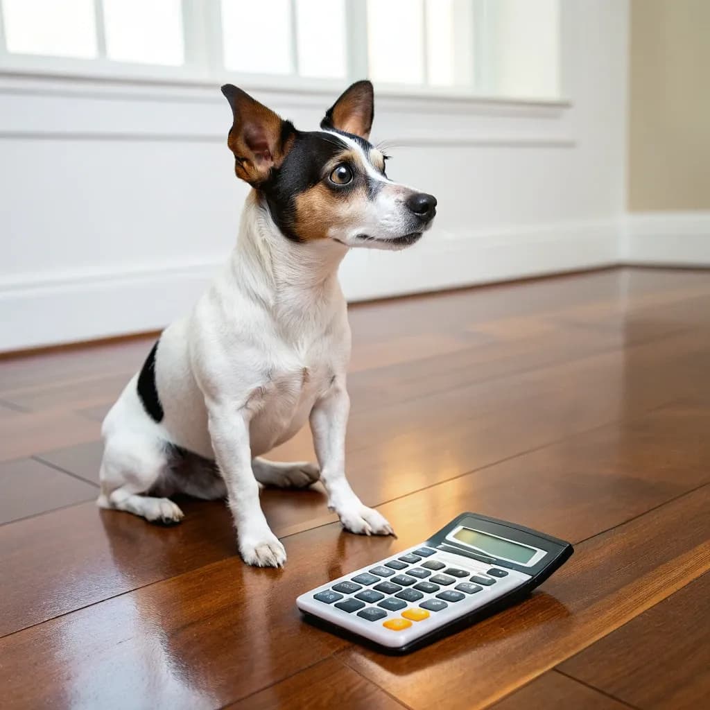 A Roosevelt Rat Terrier dog sitting on brown hardwood floor inside with a calculator