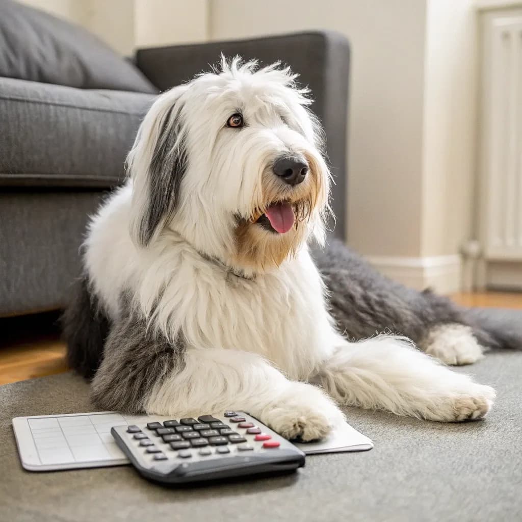 An Old English Sheepdog sitting on a rug with a calendar and a calculator with a couch in the background