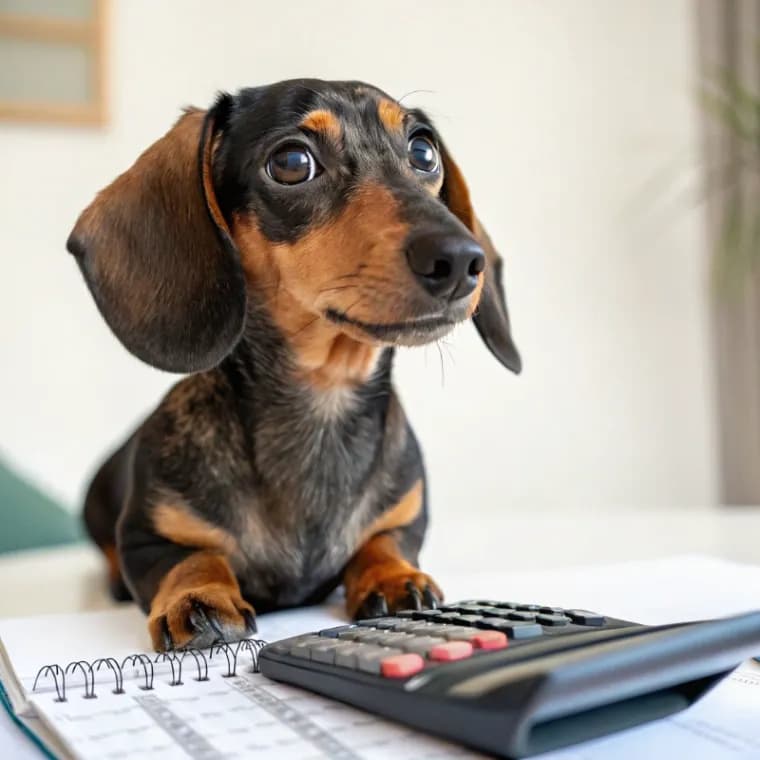 Dachshund sitting with a calculator
