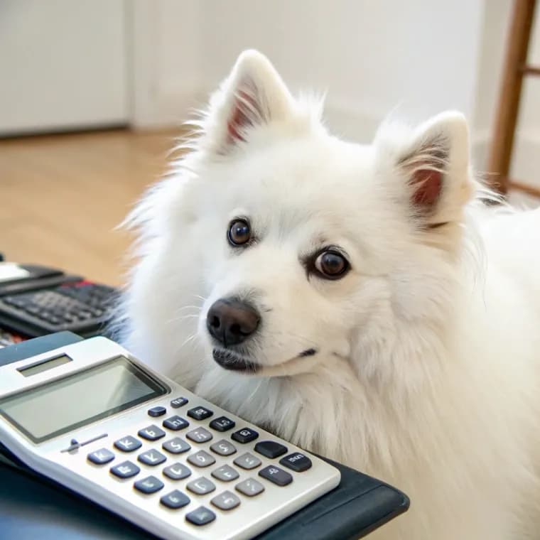 American Eskimo Dog sitting with a calculator