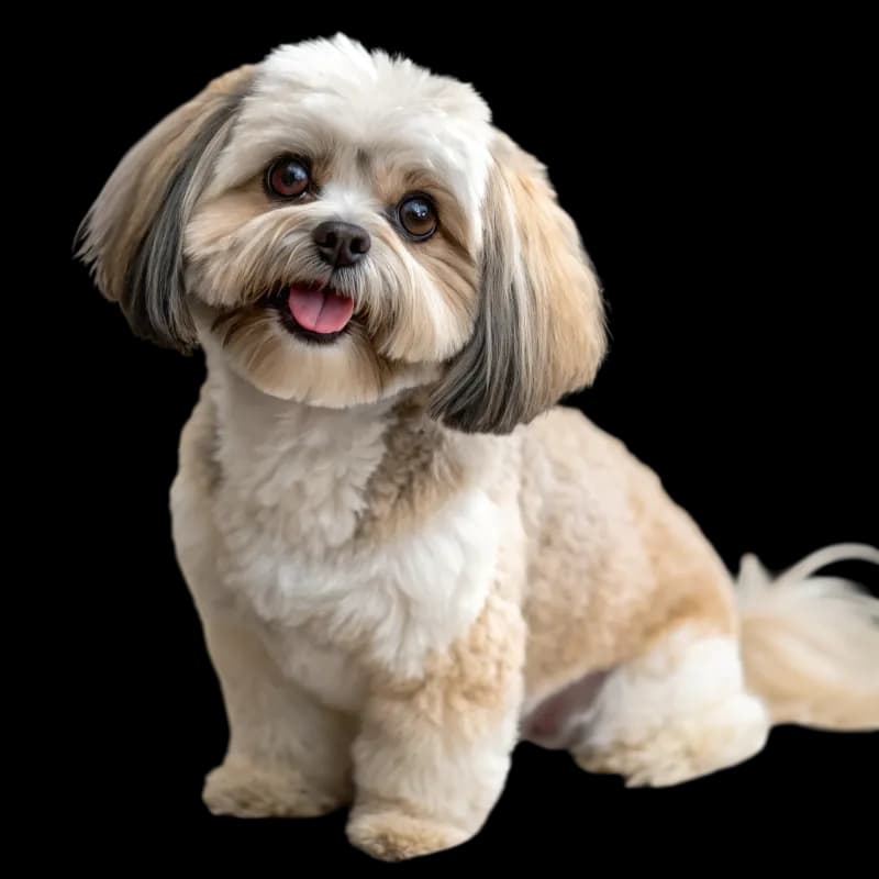 A photo of a Shih-Poo with white, grey and blonde fur