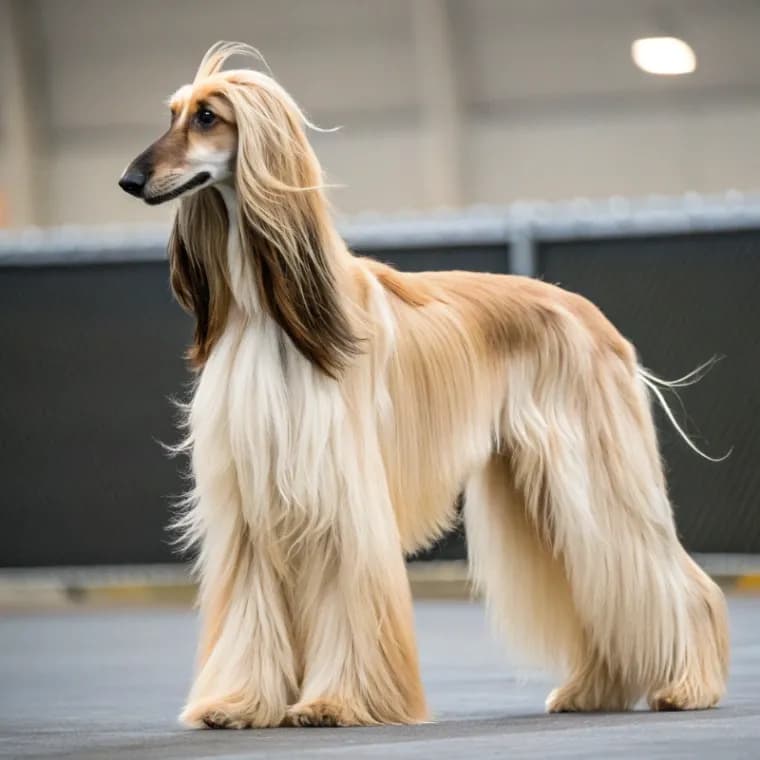A profile view of a blonde and brown Afghan Hound dog
