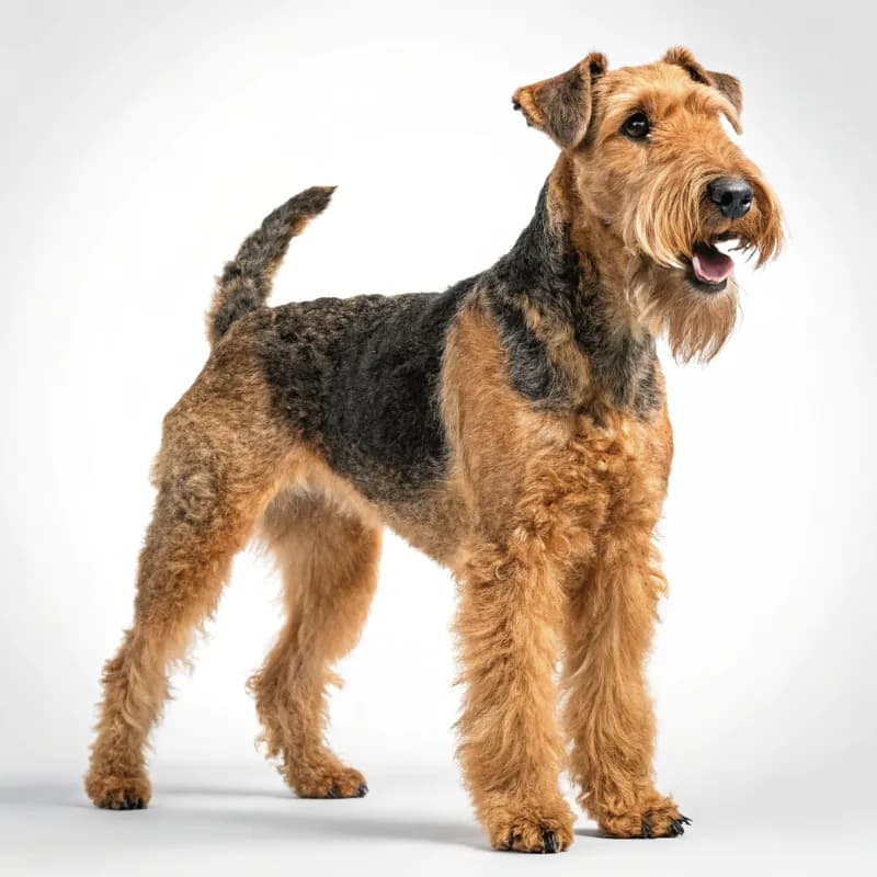 A profile view of an Airedale Terrier with brown and black fur