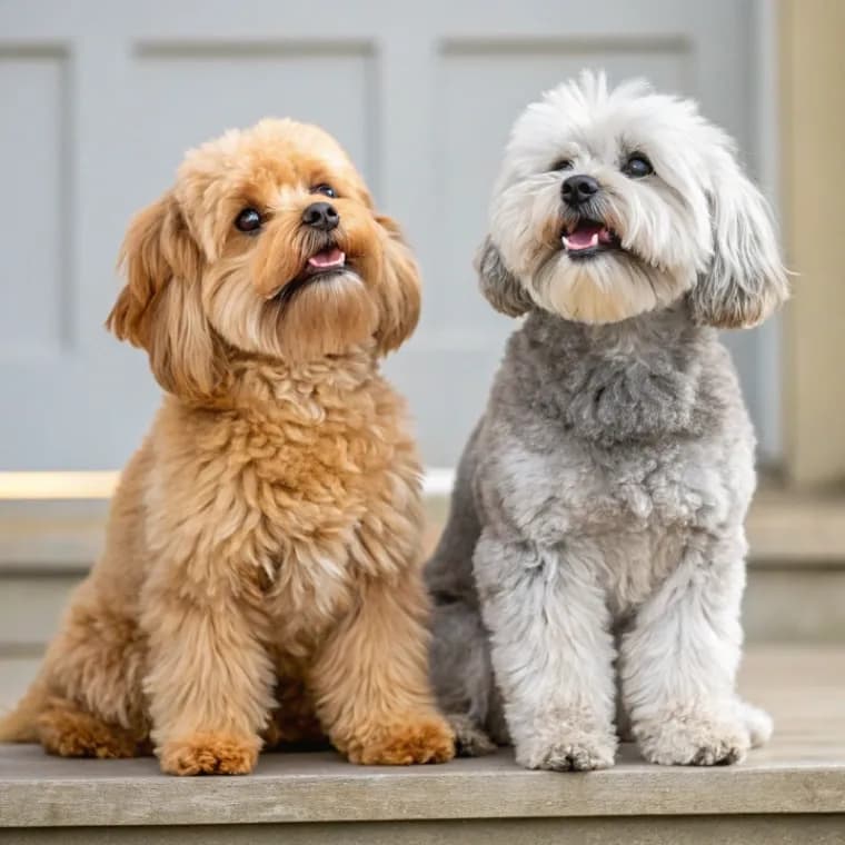 Two Shih-Poos sitting together with different colour coats - brown and white and grey