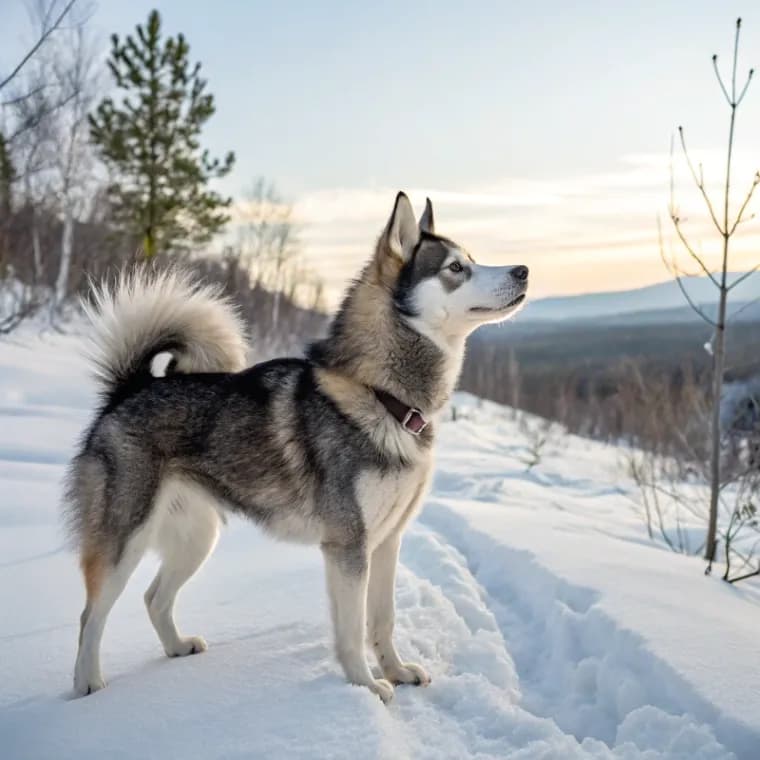 A profile view of an Alaskan Klee Kai standing in the snow